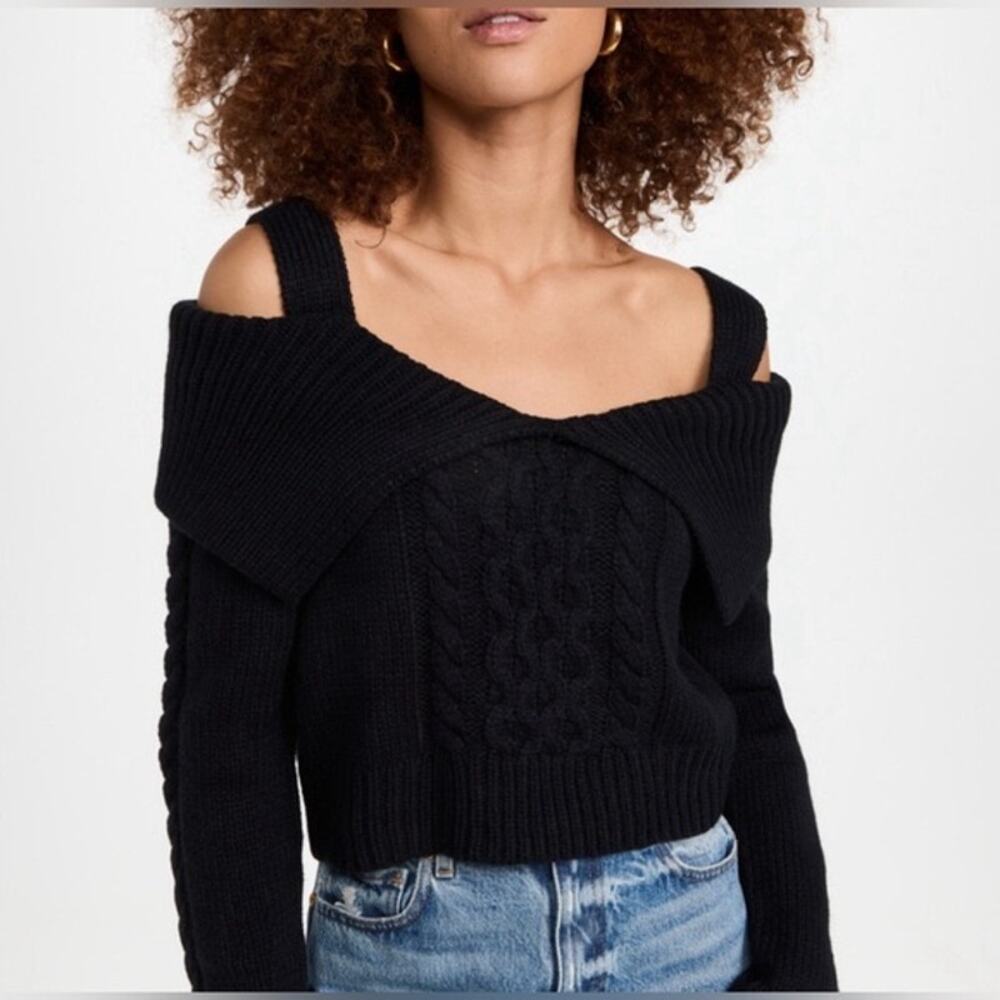 Moon River Black Collared V-Neck Cable Knit Black Cropped Sweater Size XL